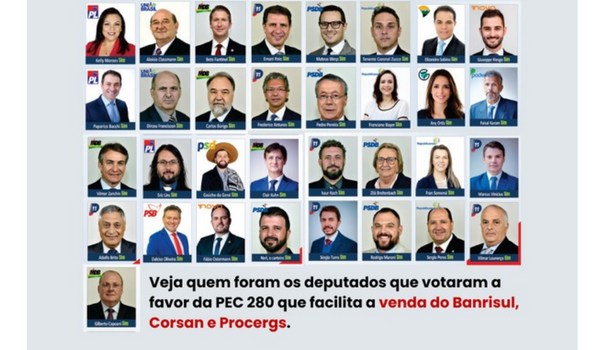  Favoráveis à PEC 280: não esqueça quem são os deputados estaduais que querem vender o Banrisul