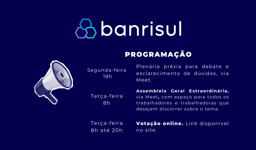  Sindicato realiza Assembleia Geral Extraordinária do Banrisul nesta terça-feira, 23